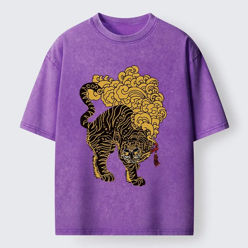 Tokyo-Tiger Black And Gold Tiger With Clouds Washed T-Shirt