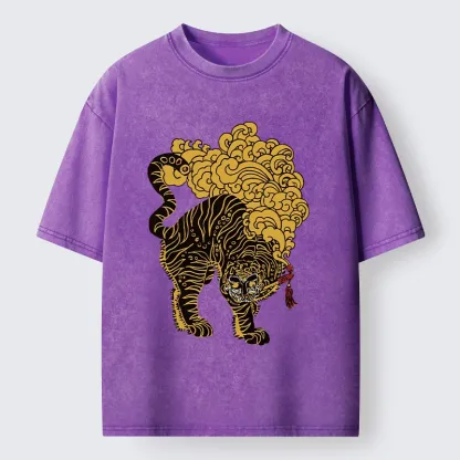 Tokyo-Tiger Black And Gold Tiger With Clouds Washed T-Shirt