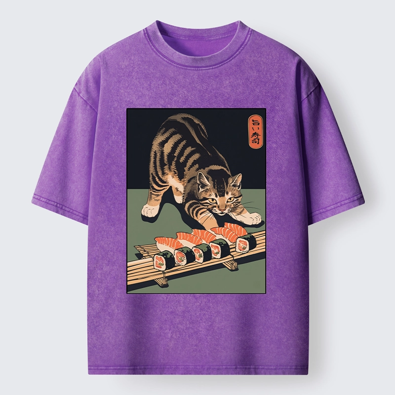 Tokyo-Tiger Cat Trying To Steal Sushi Washed T-Shirt