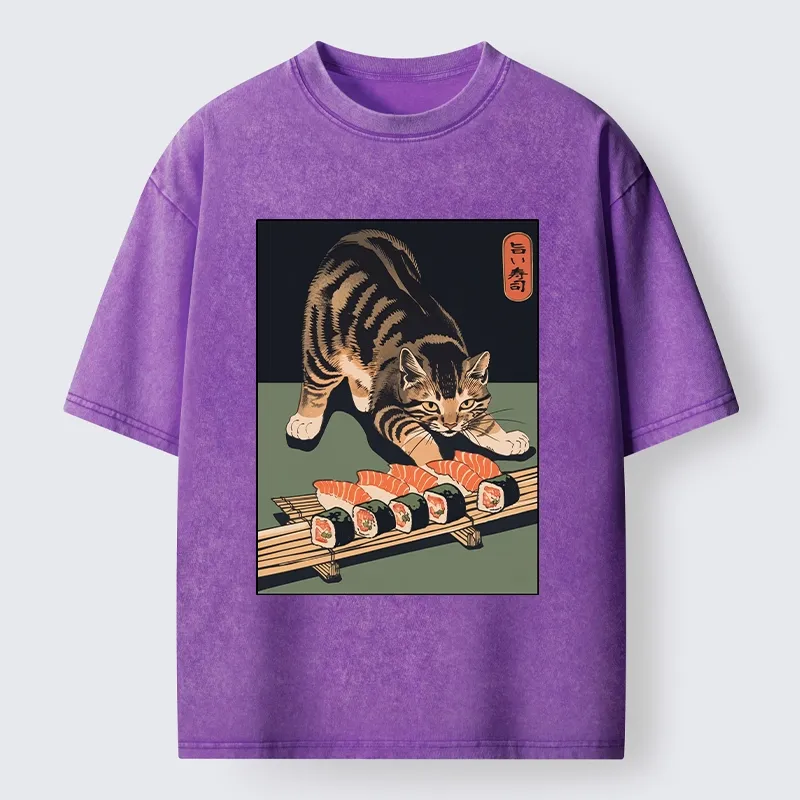 Tokyo-Tiger Cat Trying To Steal Sushi Washed T-Shirt