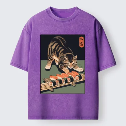 Tokyo-Tiger Cat Trying To Steal Sushi Washed T-Shirt
