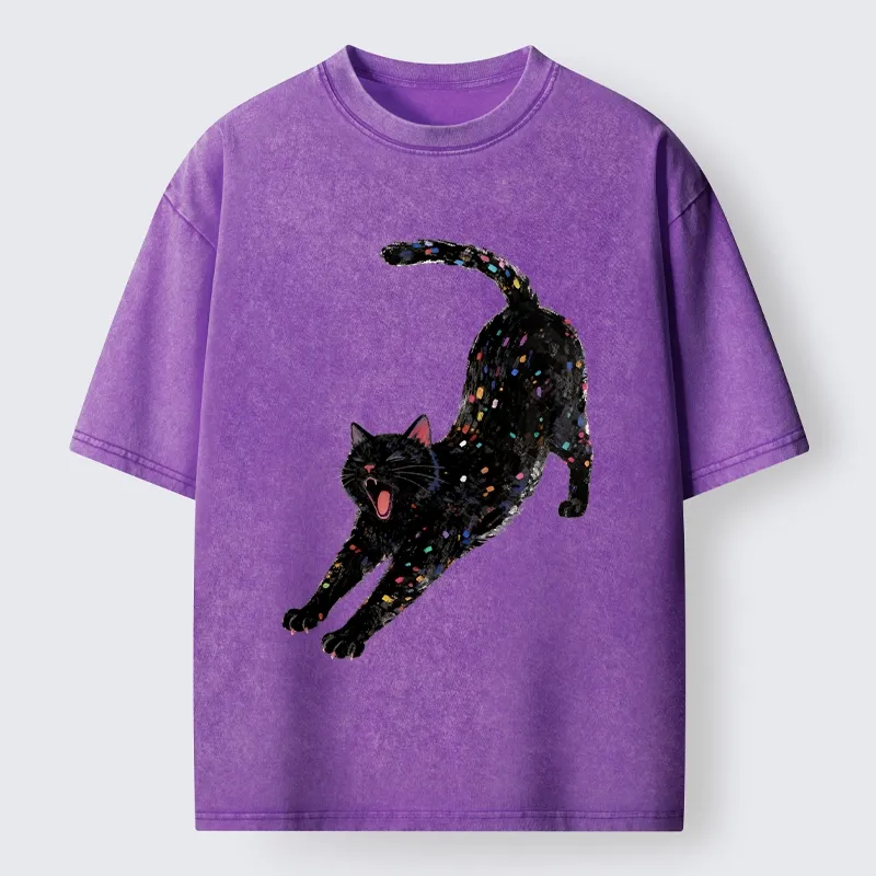 Tokyo-Tiger Dreamy Black Cat Yawning And Stretching Washed T-Shirt Sale