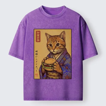 Tokyo-Tiger Kimono Cat Eating A Burger Washed T-Shirt
