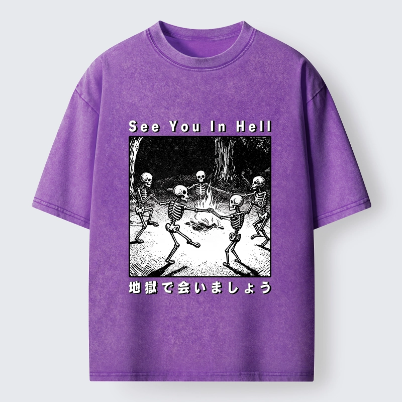 Tokyo-Tiger Funny Skeleton Hell Party Washed T-Shirt
