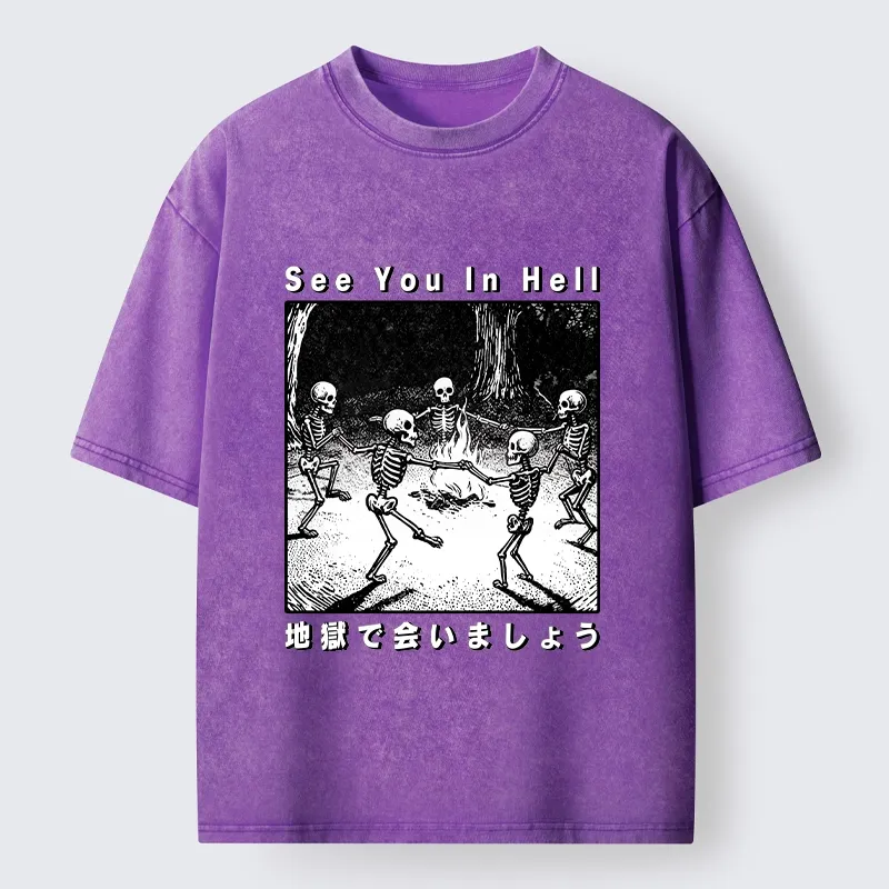 Tokyo-Tiger Funny Skeleton Hell Party Washed T-Shirt