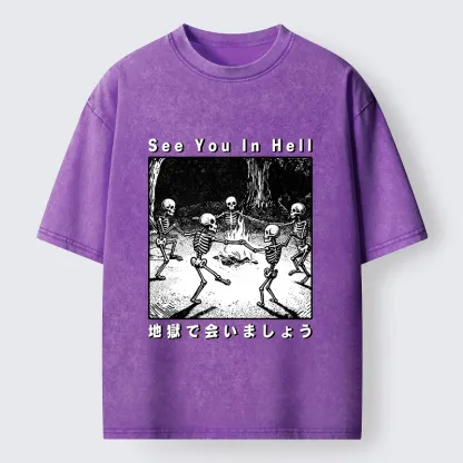 Tokyo-Tiger Funny Skeleton Hell Party Washed T-Shirt