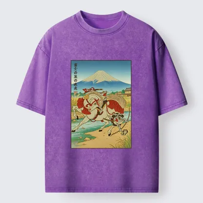Tokyo-Tiger Samurai Frog Under Mount Fuji Washed T-Shirt