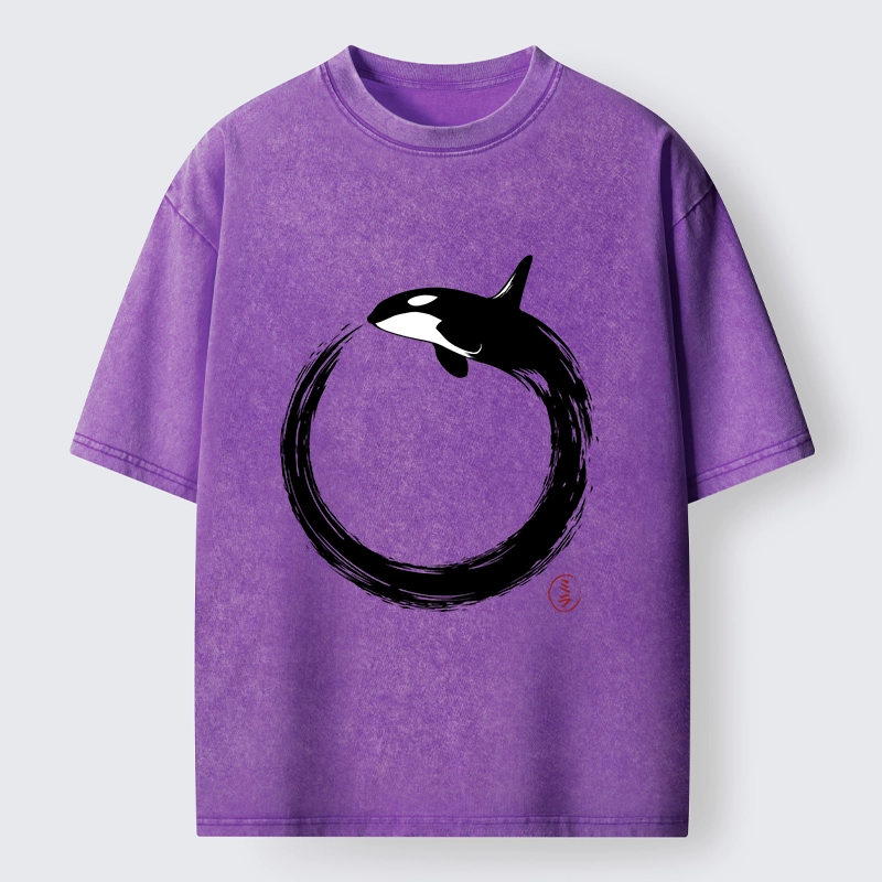 Tokyo-Tiger Orca In Black Ink Circle Washed T-Shirt