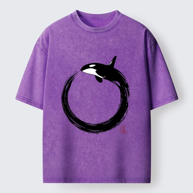 Tokyo-Tiger Orca In Black Ink Circle Washed T-Shirt