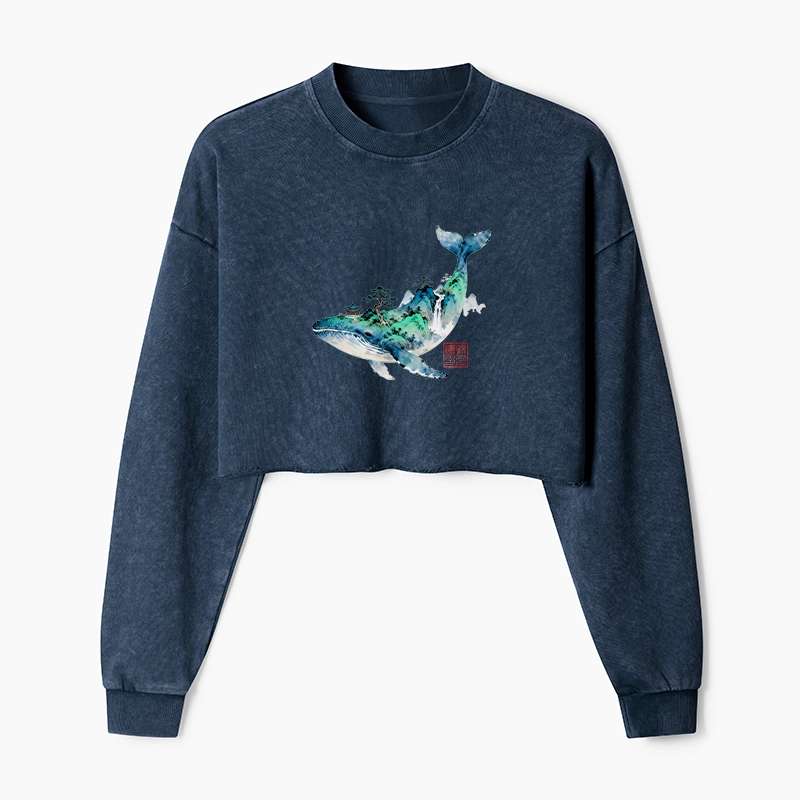 Tokyo-Tiger Whale Ink Painting Landscape Washed Crop Sweatshirt