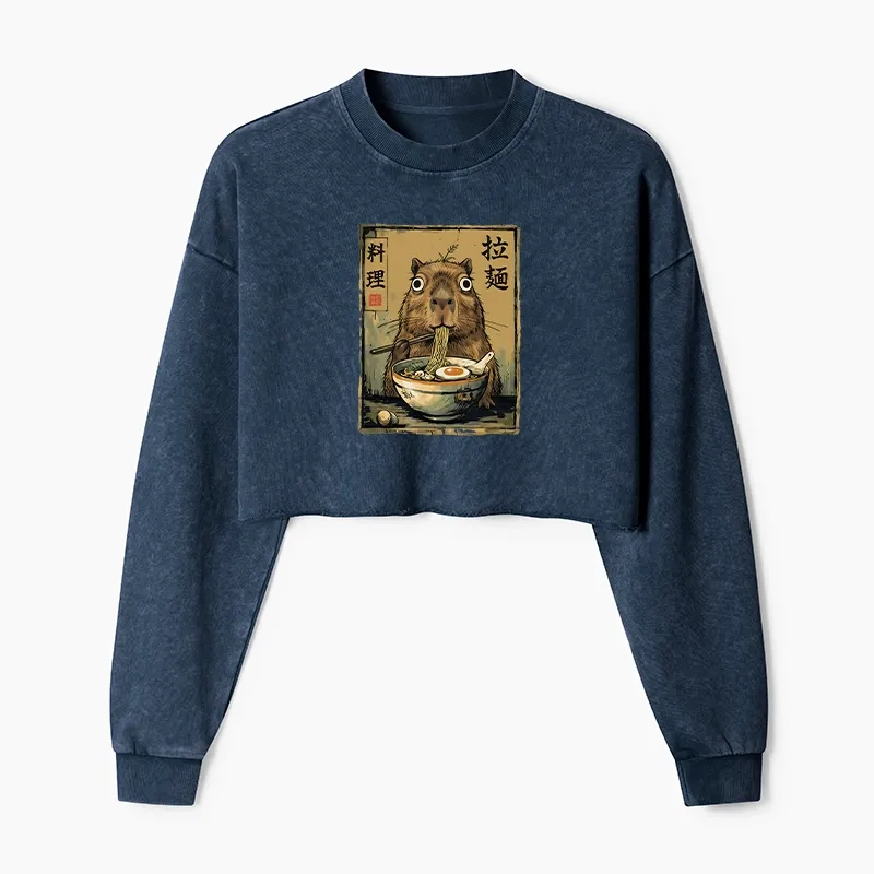 Tokyo-Tiger Cute Capybara Eating Ramen Washed Crop Sweatshirt