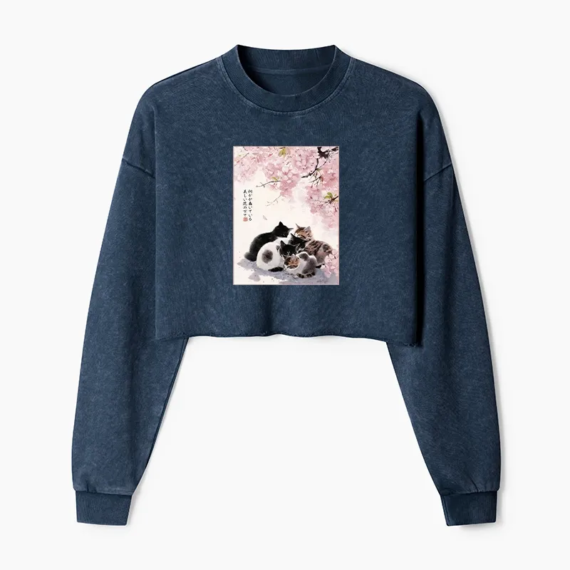 Tokyo-Tiger Cute Cats Sakura Garden Washed Crop Sweatshirt
