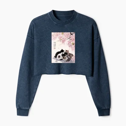 Tokyo-Tiger Cute Cats Sakura Garden Washed Crop Sweatshirt
