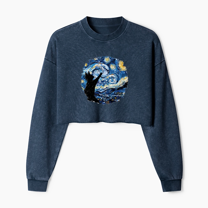 Tokyo-Tiger Starry Night Black Cat Washed Crop Sweatshirt