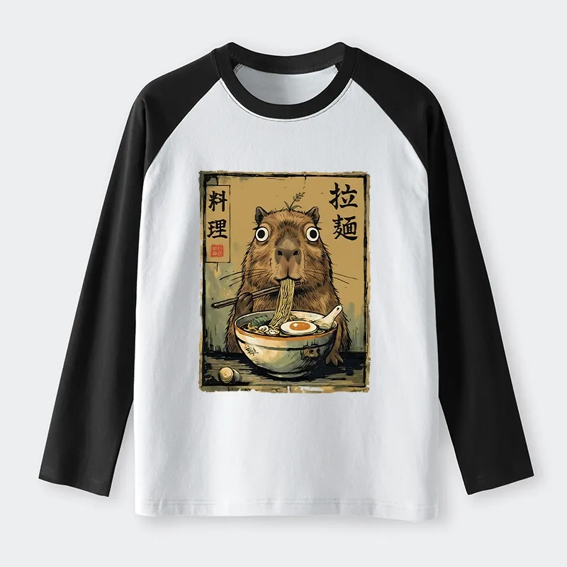Tokyo-Tiger Cute Capybara Eating Ramen Raglan Long Sleeve T-shirt Sale
