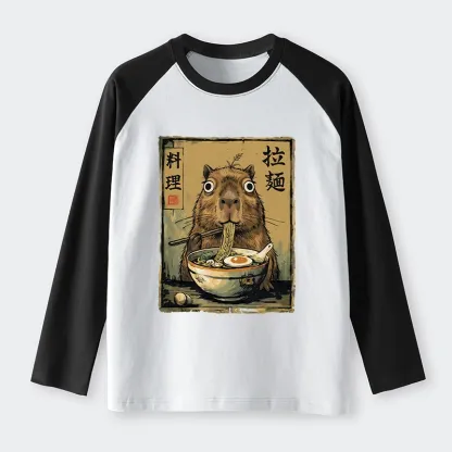 Tokyo-Tiger Cute Capybara Eating Ramen Raglan Long Sleeve T-shirt