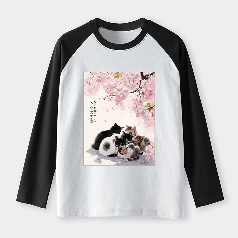 Tokyo-Tiger Cute Cats Sakura Garden Raglan Long Sleeve T-shirt