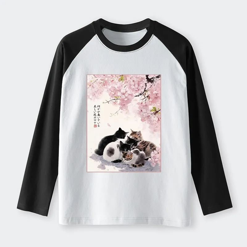 Tokyo-Tiger Cute Cats Sakura Garden Raglan Long Sleeve T-shirt Sale