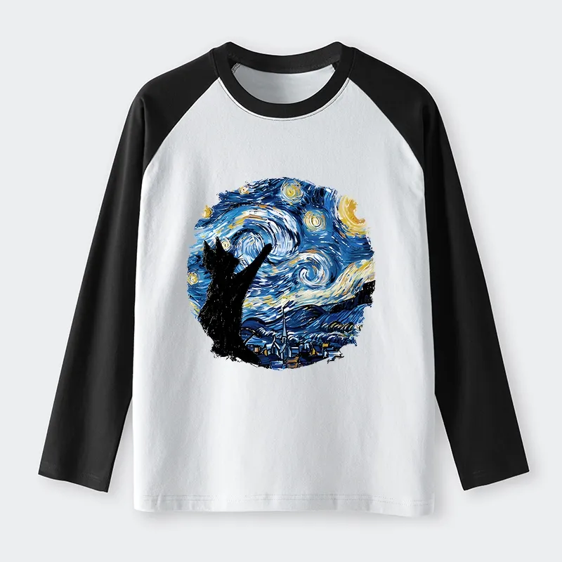 Tokyo-Tiger Starry Night Black Cat Raglan Long Sleeve T-shirt Sale