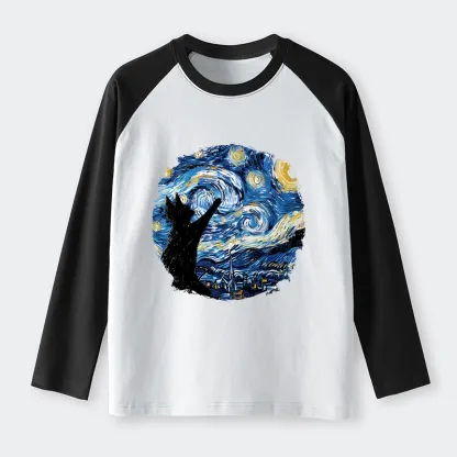 Tokyo-Tiger Starry Night Black Cat Raglan Long Sleeve T-shirt