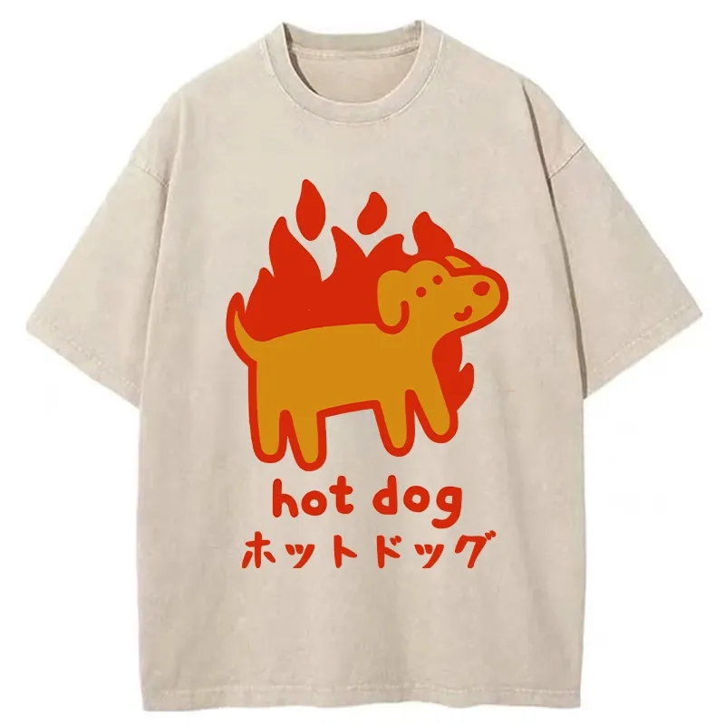 Tokyo-Tiger Funny Hot Dog Washed T-Shirt