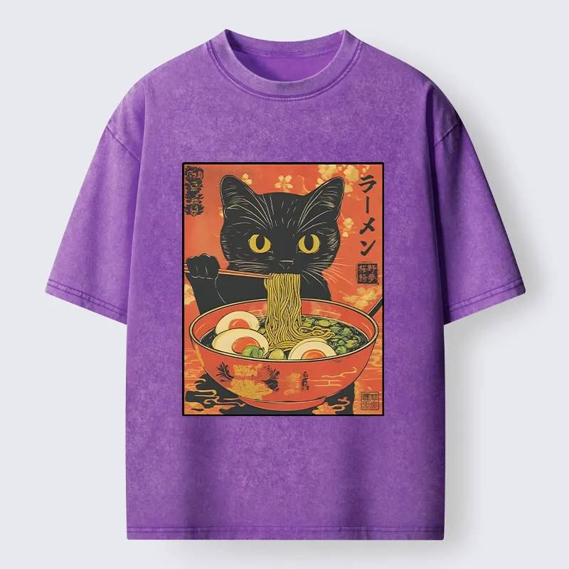 Tokyo-Tiger Hungry Black Cat Loves Ramen Washed T-Shirt