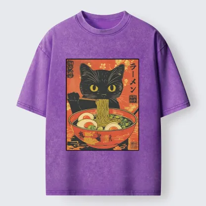 Tokyo-Tiger Hungry Black Cat Loves Ramen Washed T-Shirt