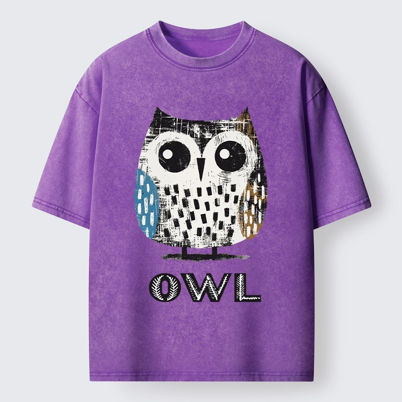 Tokyo-Tiger Minimalist Owl Illustration Print Washed T-Shirt