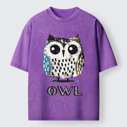 Tokyo-Tiger Minimalist Owl Illustration Print Washed T-Shirt