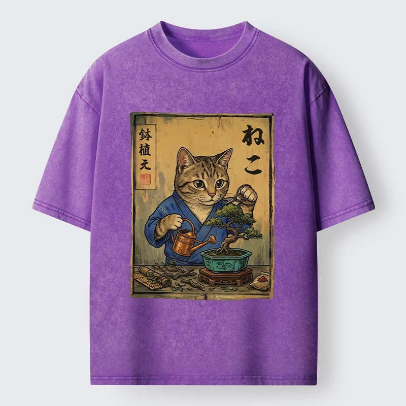 Tokyo-Tiger Cat Mastering Bonsai Art Washed T-Shirt