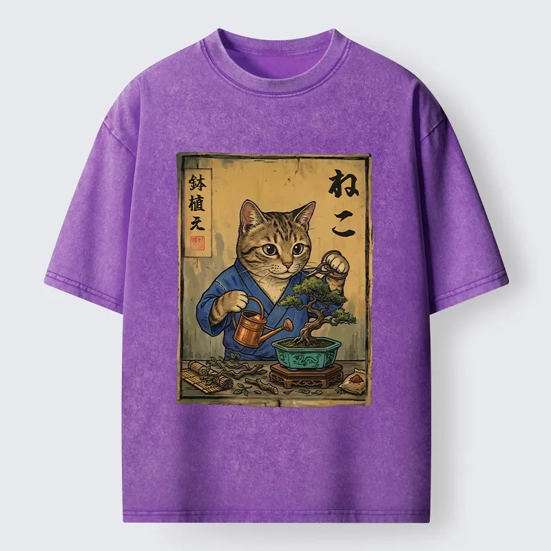 Tokyo-Tiger Cat Mastering Bonsai Art Washed T-Shirt