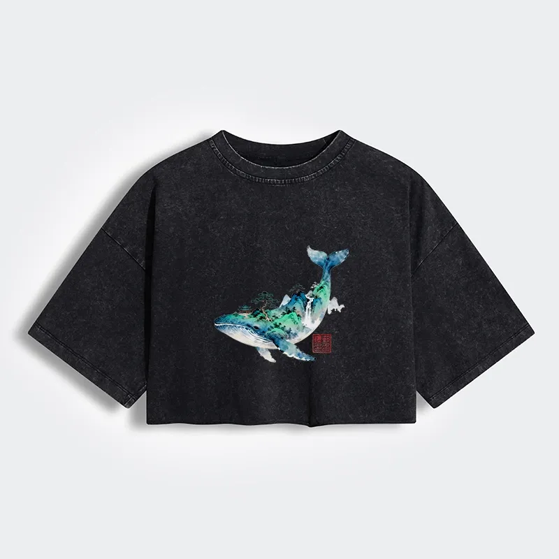 Tokyo-Tiger Whale Ink Painting Landscape Women's Washed Crop T-Shirt