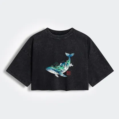 Tokyo-Tiger Whale Ink Painting Landscape Women's Washed Crop T-Shirt