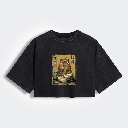 Tokyo-Tiger Cute Capybara Eating Ramen Women's Washed Crop T-Shirt