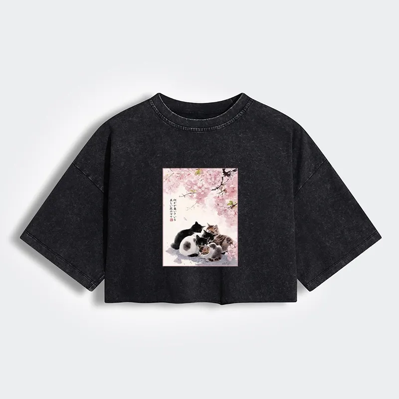 Tokyo-Tiger Cute Cats Sakura Garden Women's Washed Crop T-Shirt Sale