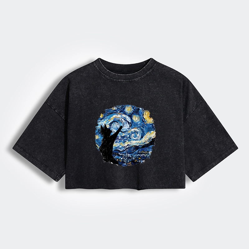 Tokyo-Tiger Starry Night Black Cat Women's Washed Crop T-Shirt