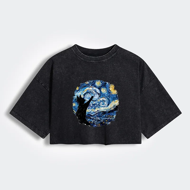 Tokyo-Tiger Starry Night Black Cat Women's Washed Crop T-Shirt Sale