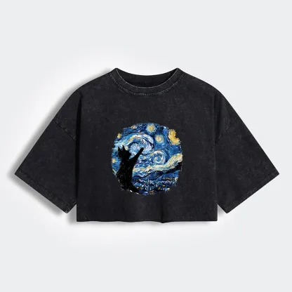 Tokyo-Tiger Starry Night Black Cat Women's Washed Crop T-Shirt
