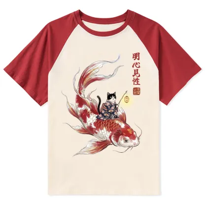Tokyo-Tiger Cute Kimono Cat On Koi Fish Raglan T-shirt