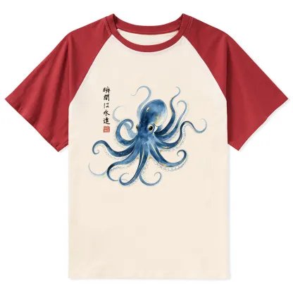 Tokyo-Tiger Stylish Blue Octopus Japanese Raglan T-shirt
