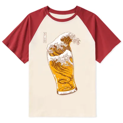 Tokyo-Tiger Great Beer Wave Print Raglan T-shirt