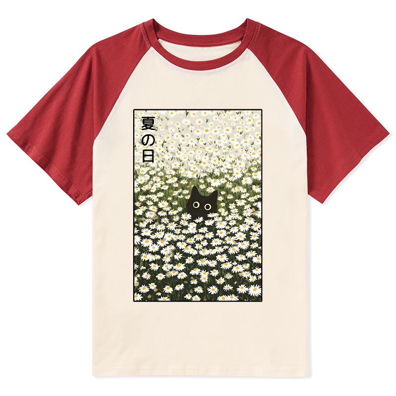 Tokyo-Tiger Summer Day Daisies Black Cat Raglan T-shirt