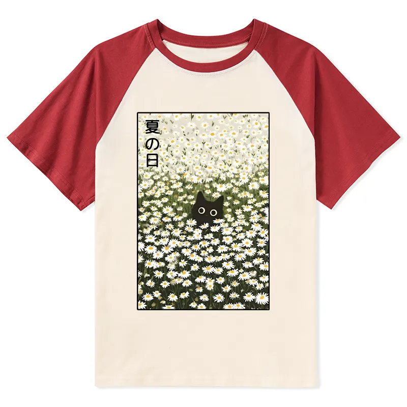 Tokyo-Tiger Summer Day Daisies Black Cat Raglan T-shirt
