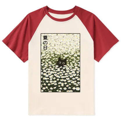 Tokyo-Tiger Summer Day Daisies Black Cat Raglan T-shirt