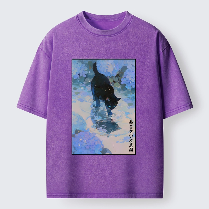Tokyo-Tiger Midnight Cat In The Blue Rain Washed T-Shirt