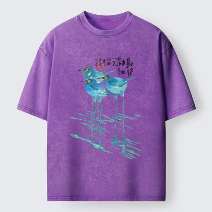 Tokyo-Tiger Watercolor Herons In Reeds Washed T-Shirt