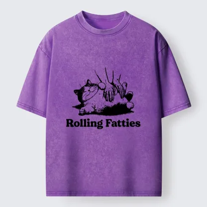 Tokyo-Tiger Rolling Fatties Cat Massage Meme Washed T-Shirt