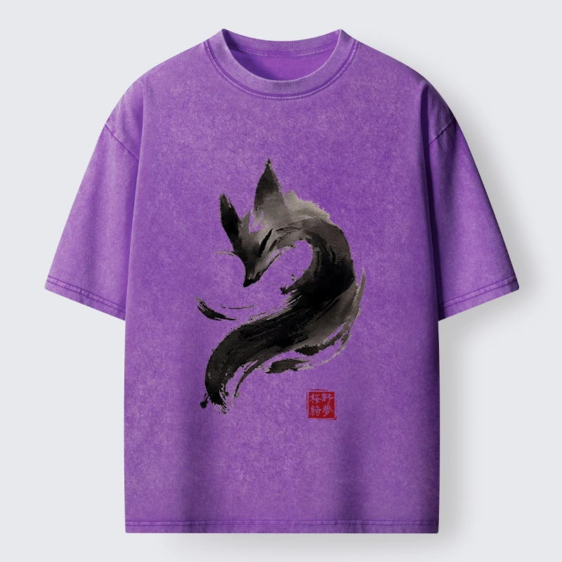 Tokyo-Tiger Japanese Ink Wash Fox Art Washed T-Shirt