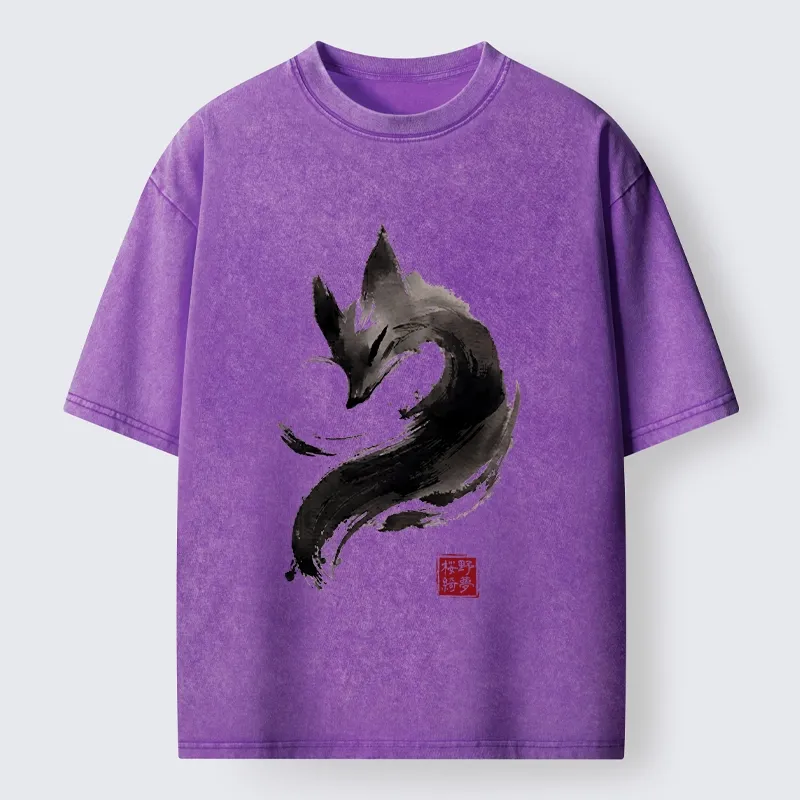Tokyo-Tiger Japanese Ink Wash Fox Art Washed T-Shirt