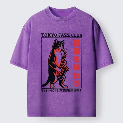 Tokyo-Tiger Retro Jazz Cat Poster Washed T-Shirt